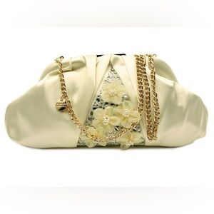 BADGLEY MISCHKA MSRP $179 Floral Embellished Satin Clutch with Chain Strap
